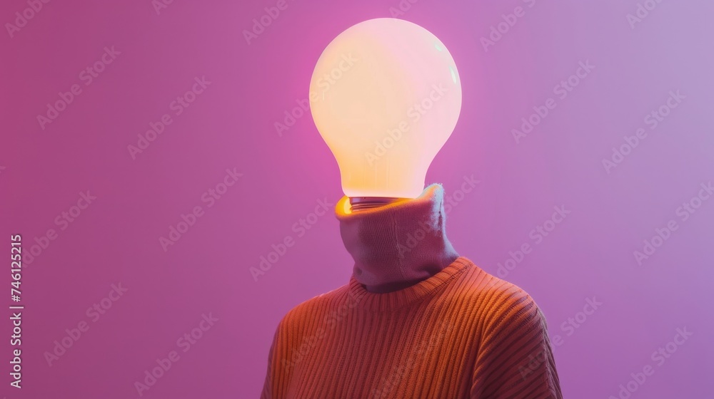 Poster a conceptual image featuring an individual with a glowing lightbulb for a head, set against a vibran