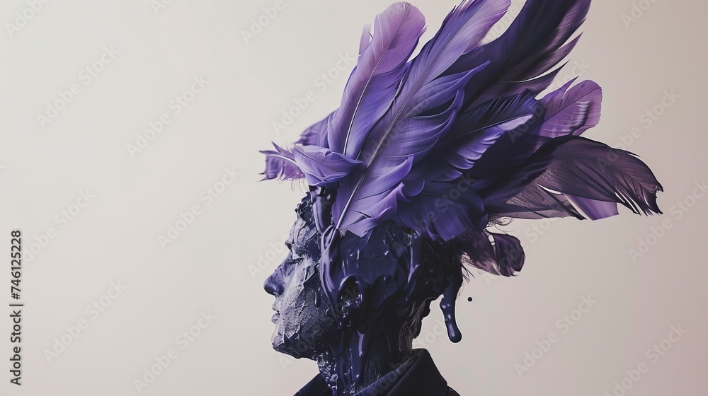 Poster A surreal image of a profile with dripping purple hues and dynamic feather composition representing creativity and transformation