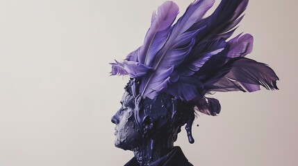 A surreal image of a profile with dripping purple hues and dynamic feather composition representing creativity and transformation