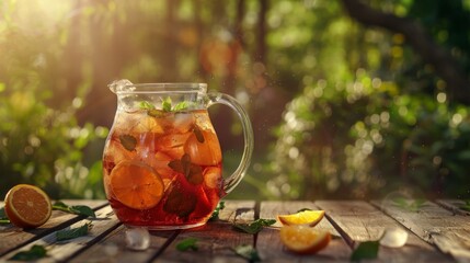 Refreshing summer beverage in a pitcher on rustic wooden table. Citrus infused water with fresh mint in sunlight. Homemade lemonade with oranges and lemons in a garden setting. - obrazy, fototapety, plakaty