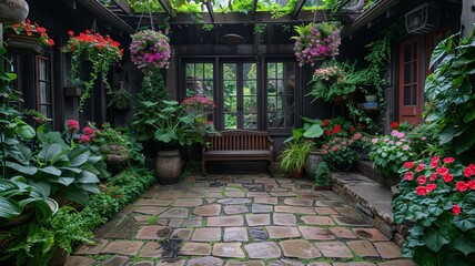Fototapeta na wymiar Cozy backyard garden adorned with hanging baskets of vibrant petunias and lush greenery