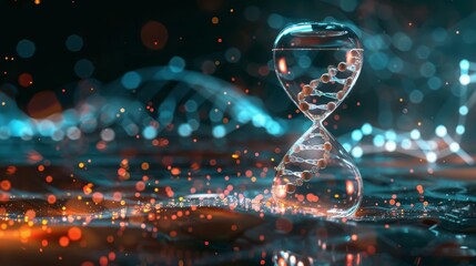 An hourglass intertwined with a DNA helix against a backdrop of digital bokeh symbolizes the complex relationship between time and genetics. It's a modern representation of aging and life's continuum. - obrazy, fototapety, plakaty