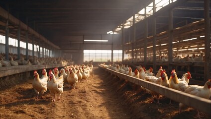Chickens roam freely in a sprawling, modern enclosure at the poultry farm, organic poultry farming principles. Natural behavior, contributing farm's ethical approach poultry production. Bird farm