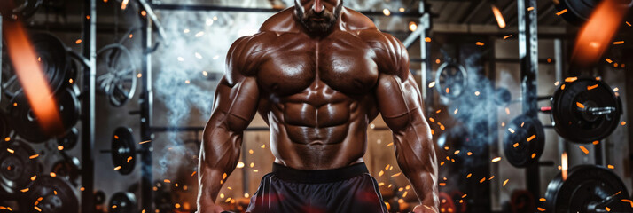 Fototapeta na wymiar Banner of an intense scene of a male bodybuilder exercising amidst dynamic sparks at the gym