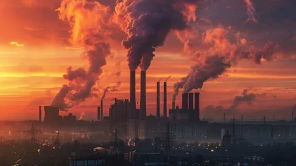 Tuinposter Smoke billows from towering chimneys against a fiery sky at dusk, casting a silhouette over the industrial landscape. The image captures the intense intersection of industry and environment © Irina.Pl