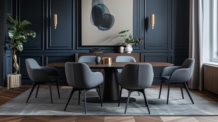 Modern dining room interior with elegant blue chairs and dark walls. Stylish home decor with designer furniture and abstract art. Contemporary dining area with sophisticated wall paneling.