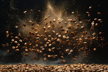 Coffee beans captured in mid-air with a dynamic explosion of grounds