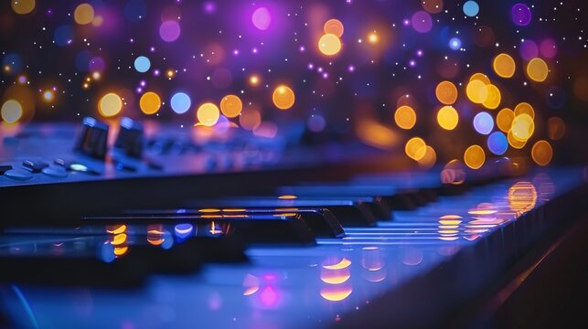A close-up of piano keys against a backdrop of mesmerizing bokeh lights creates a fusion of music and light. The image evokes the joy and creativity of musical performance