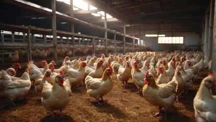 Light broiler chickens on farm. Meat chickens  kept in modern aviary. Group of white free range chickens, broiler farm. Organic poultry farming, organic agricultural products. Poultry ranch - obrazy, fototapety, plakaty