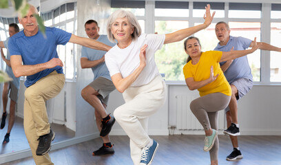 Elderly woman rehearsing modern dance in group in dance studio