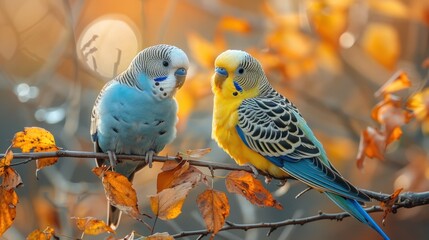 two love birds on a branch with shades of flowers and leaves
