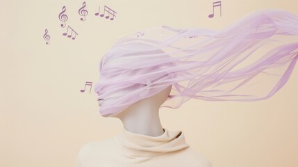 A faceless mannequin with swirling purple cloth and musical notes in a gentle flow
