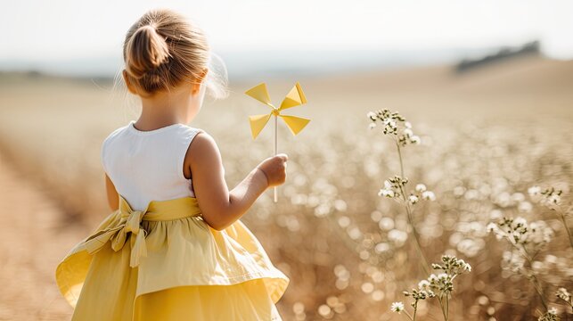 small girl and pinwheel spinning in the wind in hand, with a blurred background of a sunny day. Generative AI	