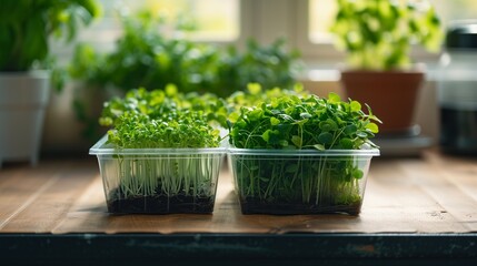 Fresh microgreens growing in indoor containers