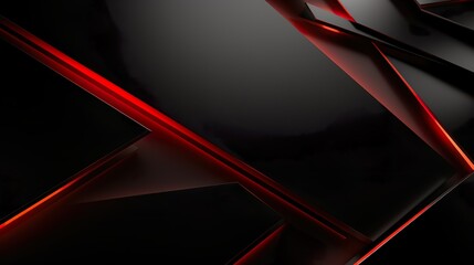 wallpaper; minimalistic background design; reflecting diagonals and futuristic triangular shapes of black color; red LED lights - obrazy, fototapety, plakaty
