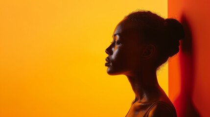 A striking silhouette of a woman with her hair up, against a two-tone orange background, evoking a sunset vibe