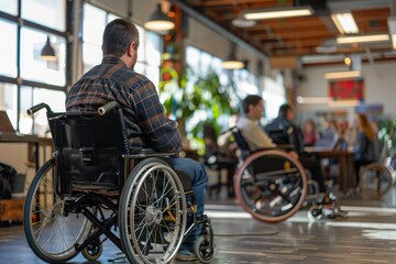 Modern office environment showing professionals in wheelchairs