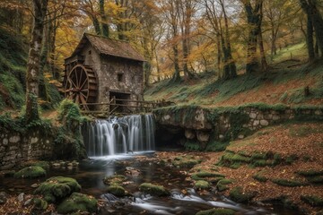 Fototapeta premium Rustic watermill surrounded by vibrant fall foliage and a cascading waterfall