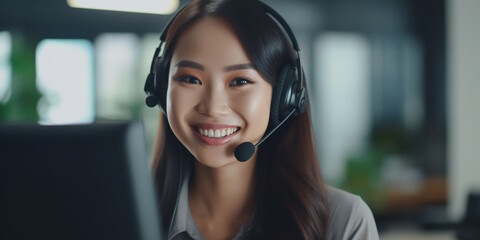 
Business Asian woman wearing headsets are smiling while working with computer at office.
