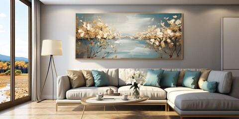 AI Generated. AI Generative. Living room house hotel apartment indoor interior architecture design template with frame poster plants and cozy sofa. Graphic Art