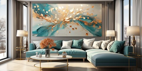 AI Generated. AI Generative. Living room house hotel apartment indoor interior architecture design template with frame poster plants and cozy sofa. Graphic Art