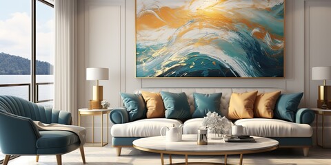 AI Generated. AI Generative. Living room house hotel apartment indoor interior architecture design template with frame poster plants and cozy sofa. Graphic Art
