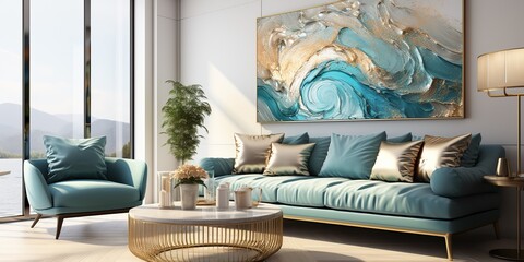 AI Generated. AI Generative. Living room house hotel apartment indoor interior architecture design template with frame poster plants and cozy sofa. Graphic Art
