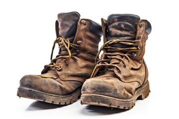 A pair of used and worn construction boots, covered in dirt and grime from hard work on the job site isolated on a white backgroun