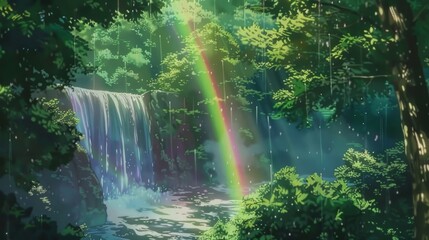 Sunlit Anime Waterfall in Enchanted Forest