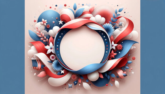 Patriotic background with red, white and blue elements. Country or Americana style. Includes flowers, ribbons, star. White area for text or image overlay. 