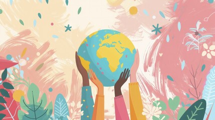 A flat design illustration of diverse hands holding up the earth against a pastel retro background, symbolizing unity and collective empowerment.