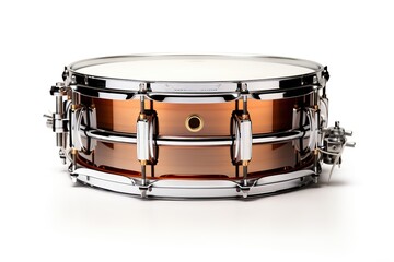A snare drum with its characteristic crisp sound, often used in orchestras, bands, and percussion ensembles, isolated on a white background