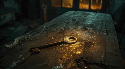 A key on a dusty table glows faintly, its secrets and stories hiding in shadows.