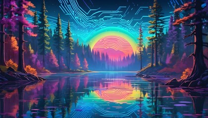 Holographic low-poly northen lake with forest landscape - obrazy, fototapety, plakaty