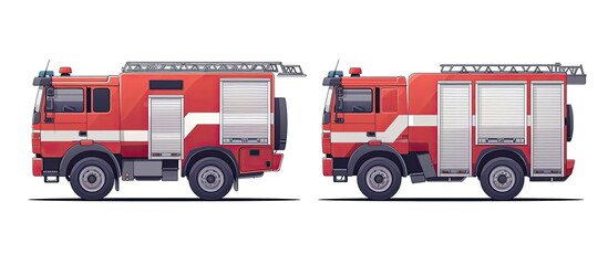 Two red fire trucks parked next to each other on a clean white background.