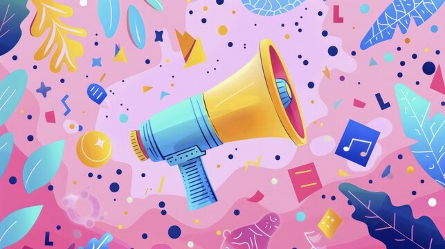 An empowering scene: a megaphone in flat design, encircled by diverse communication symbols on a retro pastel backdrop.