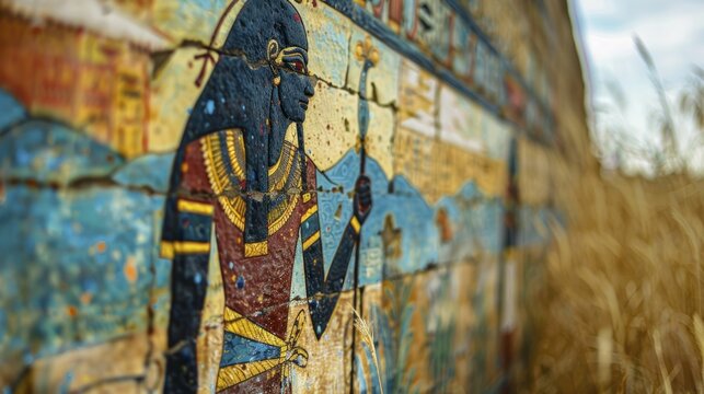 A mural of the Egyptian god Geb, personifying the Earth, in a narrative about soil conservation, against a blurred depiction of fertile lands.