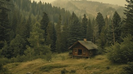 An aged cabin in the wild, harmonizing eco-friendliness with nature's allure, its backdrop a lush...