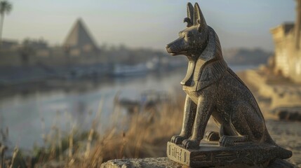 Anubis, god of embalming, watches over Egypt's wildlife preservation with a hazy necropolis backdrop. - obrazy, fototapety, plakaty