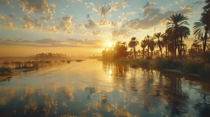 A serene oasis in Egypt's desert, showcasing ancient water conservation methods as sands blend into the sky.
