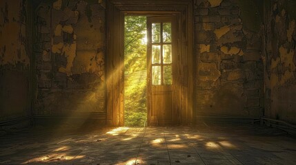 An ancient door swings ajar, unveiling a space flooded with radiant gold, a secret refuge amidst the encroaching darkness.