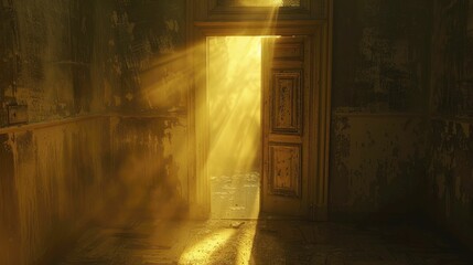 An old door creaks open to reveal a room bathed in golden light, a hidden escape from the surrounding gloom.