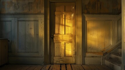 An ancient door swings ajar, unveiling a chamber aglow in gold, a secret refuge from the encircling darkness.