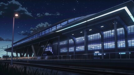 Fototapeta premium Modern Train Station at Midnight - Anime Background