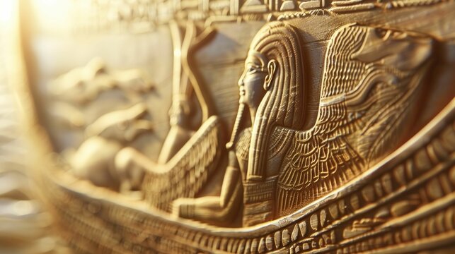 Ancient Egyptian hieroglyphs depicting the Nile's biodiversity, emphasizing the historical importance of river conservation, set against a softly blurred background.