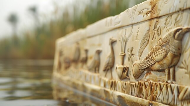 Ancient Egyptian hieroglyphs, showcasing Nile's biodiversity, highlight river conservation's historical significance against a blurred backdrop.