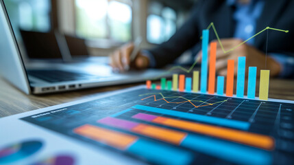 Business professionals analyzing data charts on a computer monitor, reflecting strategic business planning, financial analysis, and corporate growth concepts