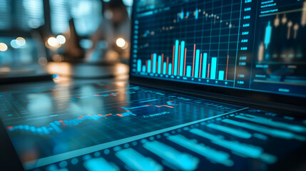 Business professionals analyzing data charts on a computer monitor, reflecting strategic business planning, financial analysis, and corporate growth concepts