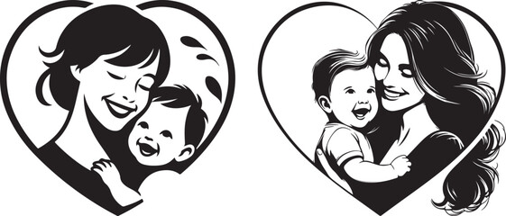 Mother and Baby Smiling Vector art Silhouette style in a love shape