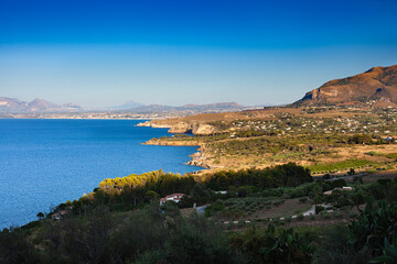 Paradise sea panorama from coastline trail of Scopello, Italy